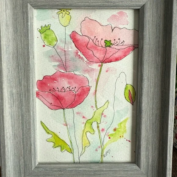 Gray Framed Floral Watercolor original 4x6 - Picture 3 of 5